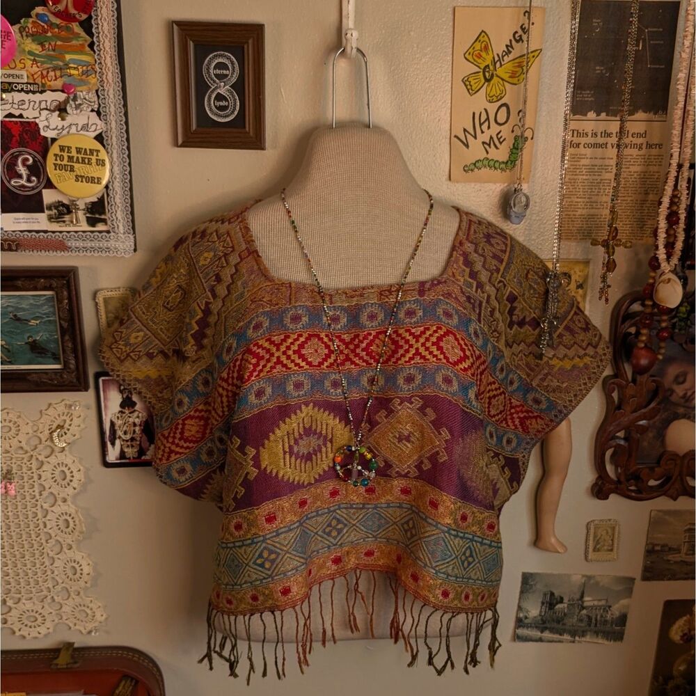 Woven Geometric Cropped Poncho Women's Small/Medium Colorful Fringe